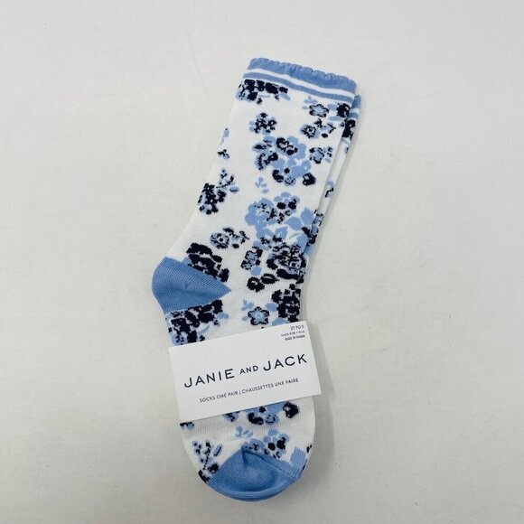 Janie and Jack Toddler Girls Size 2T-3T Floral Scalloped Crew Socks Blue/White - Picture 1 of 5